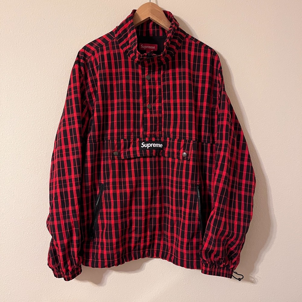 Supreme FW18 Red Nylon Plaid Pullover Jacket Half Zip Jacket Size Large